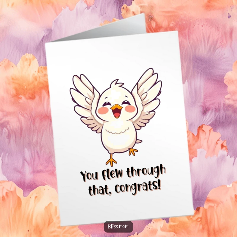 Funny Free Printable Congratulations Card: Laughing kawaii bird with wings spread wide in flight celebrating.