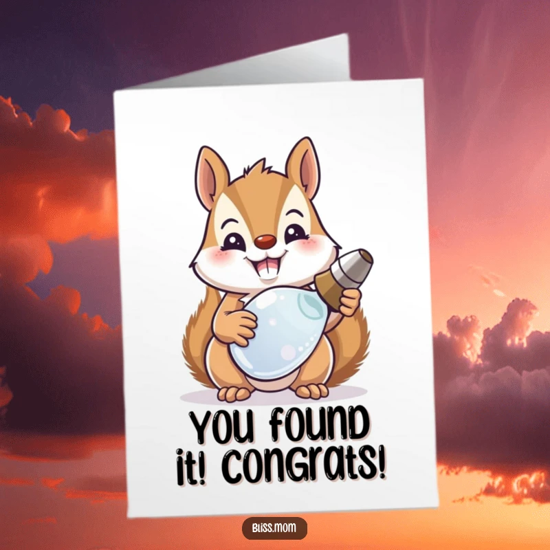 Funny free printable congratulations card showing a proud squirrel mom with her prized possession, a great downloadable gift.