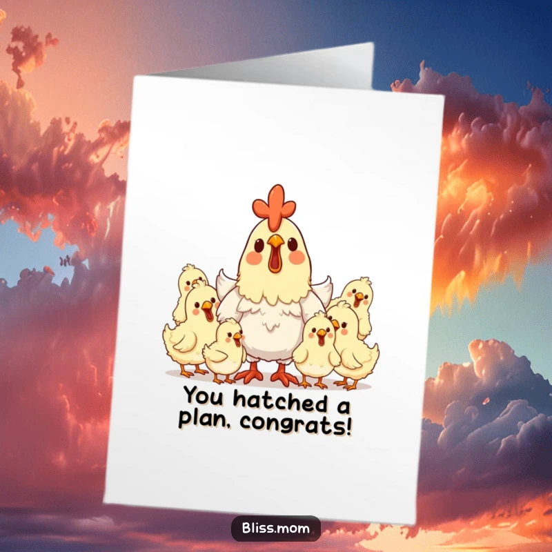 Funny Free Printable Congratulations Card showing a delighted hen mom with happy chicks, a sweet downloadable gift.