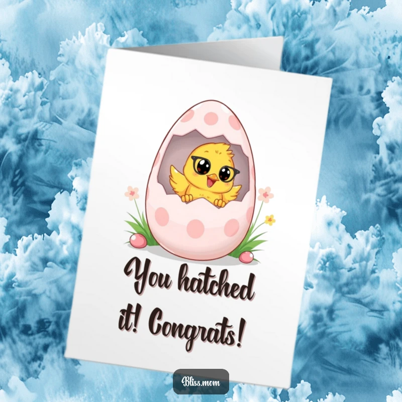 Funny Free Printable Congrats Card: energetic chick mom popping out of a big Easter egg, sharing joyous congratulations.
