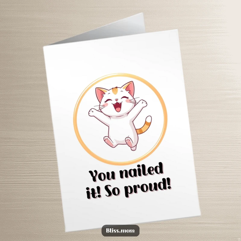 Funny Free Printable Congrats Card: Energetic cat triumphantly jumping through a luminous hoop, celebrating success.