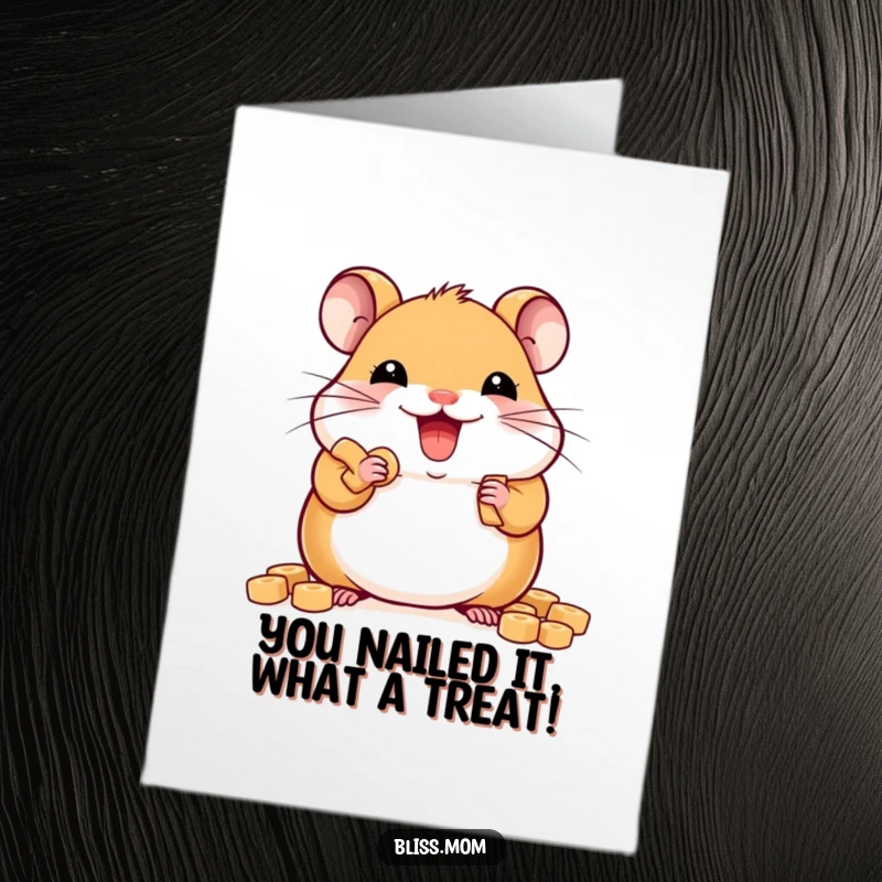 Funny Free Printable Congratulations Card: Delighted kawaii hamster stuffing its cheeks full of treats to celebrate.