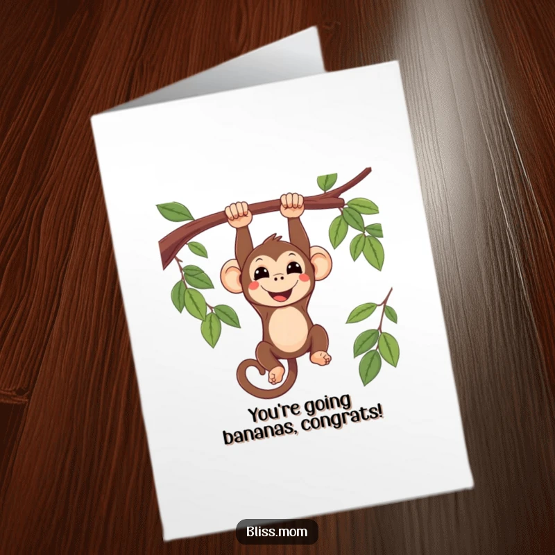Funny Free Printable Congratulations Card: Smiling kawaii monkey hanging upside down, a fun downloadable art piece.