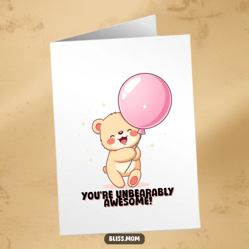 Free printable congratulations card featuring a joyful bear cub embracing a large, sparkling balloon, conveying pure celebration and delight.