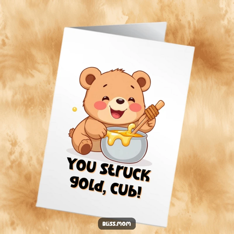Funny Free Printable Congratulations Card: A beaming bear cub eagerly reaching for a pot of honey, celebrating your wonderful news.