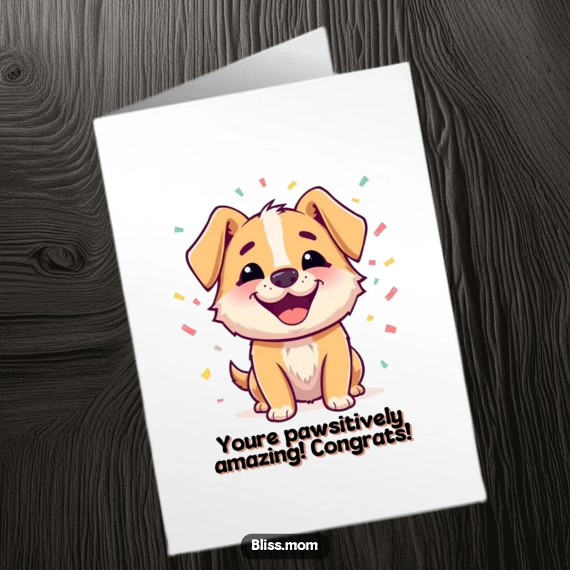 Funny free printable congratulations card of a happy dog beaming, surrounded by confetti, cheering for their victory.