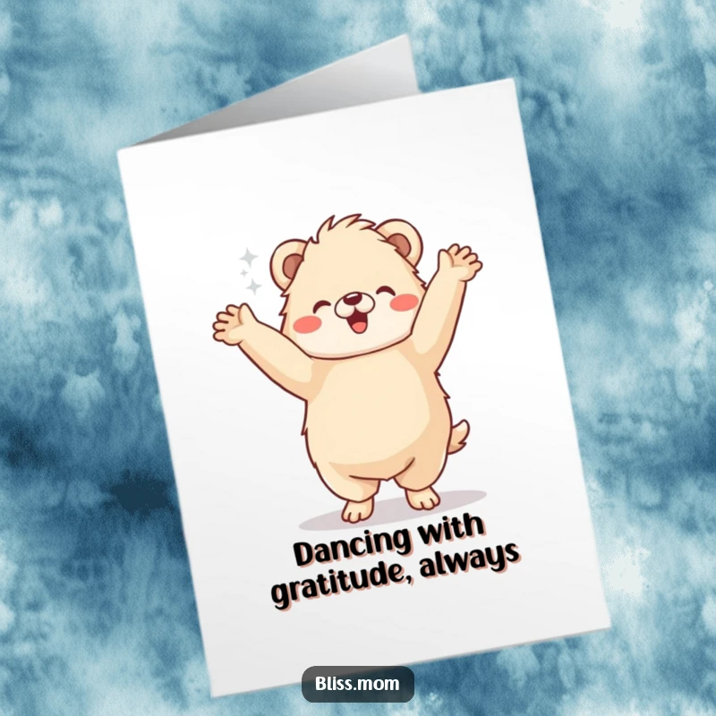 Funny Free Printable Thank You Card: Fluffy animal doing a happy jig with arms in the air, expressing thanks.