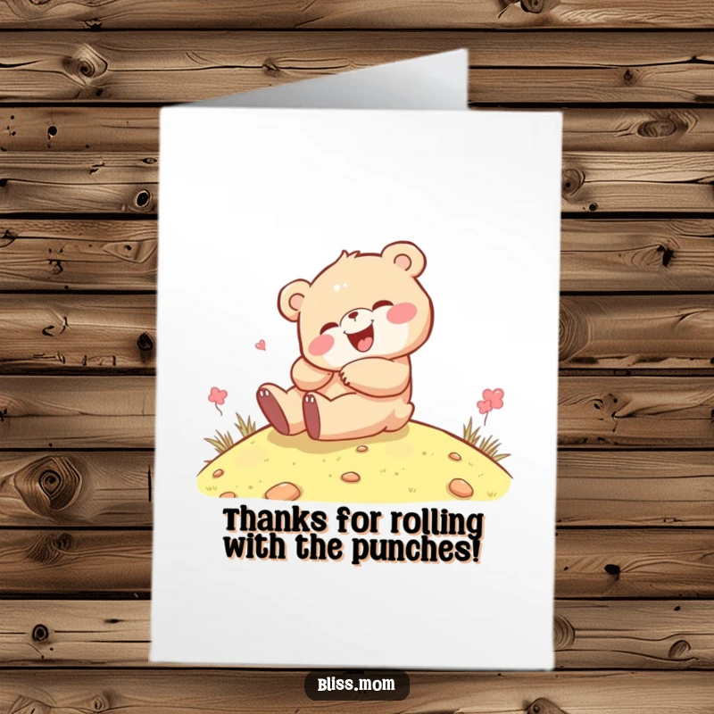 Funny Free Printable Thank You Card: Kawaii bear cub giggling while rolling down a hill, a charming downloadable artwork.