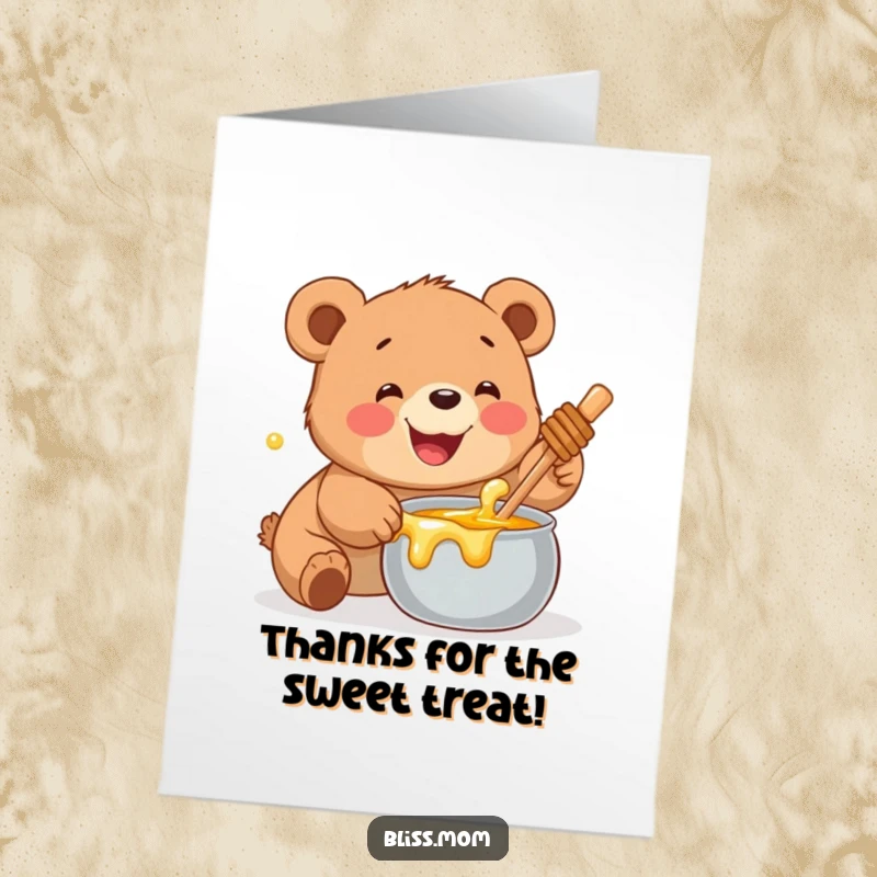 Funny Free Printable Thank You Card: A delighted bear cub with a sweet smile, reaching for a pot of honey, saying thanks.
