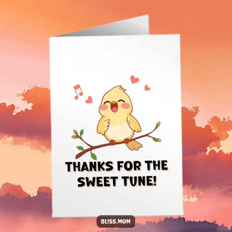 Funny Free Printable Thank You Card: A happy bird perched on a branch, singing its heart out to express sincere thanks.