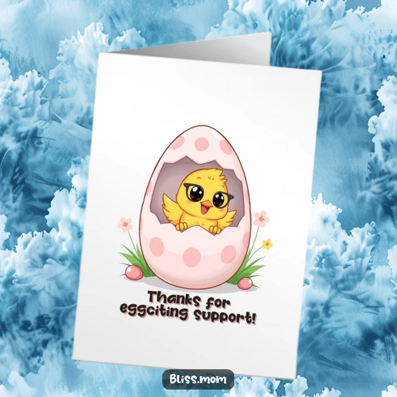 Funny Free Printable Thank You Card with an energetic chick mom peeking from an Easter egg, expressing thanks with a smile.