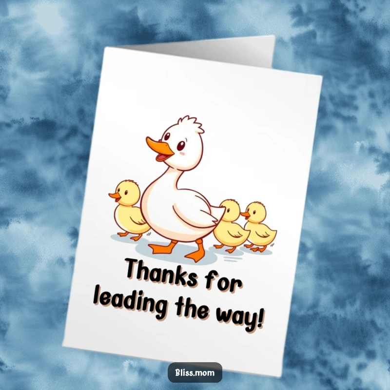 Funny Free Printable Thank You Card: Smiling mama duck waddling with ducklings, perfect DIY gift.