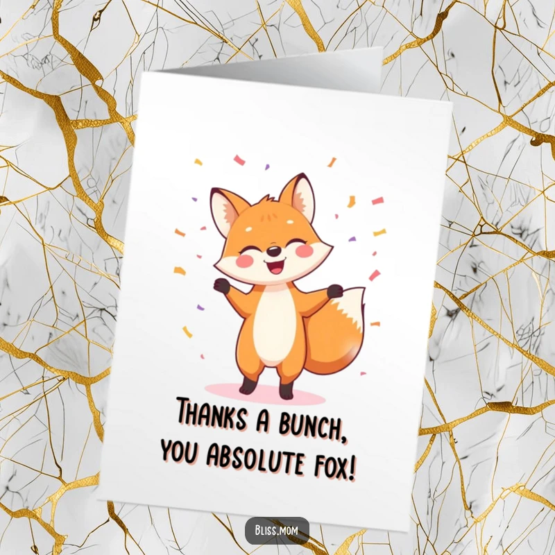 Funny Free Printable Thank You Card: A happy fox dances energetically, confetti raining down, sending heartfelt thanks your way.
