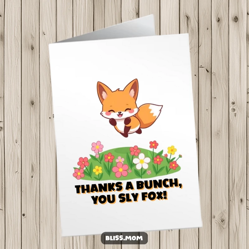 Funny Free Printable Thank You Card: Cheerful kawaii fox leaping playfully over a colorful flower patch to say thanks.