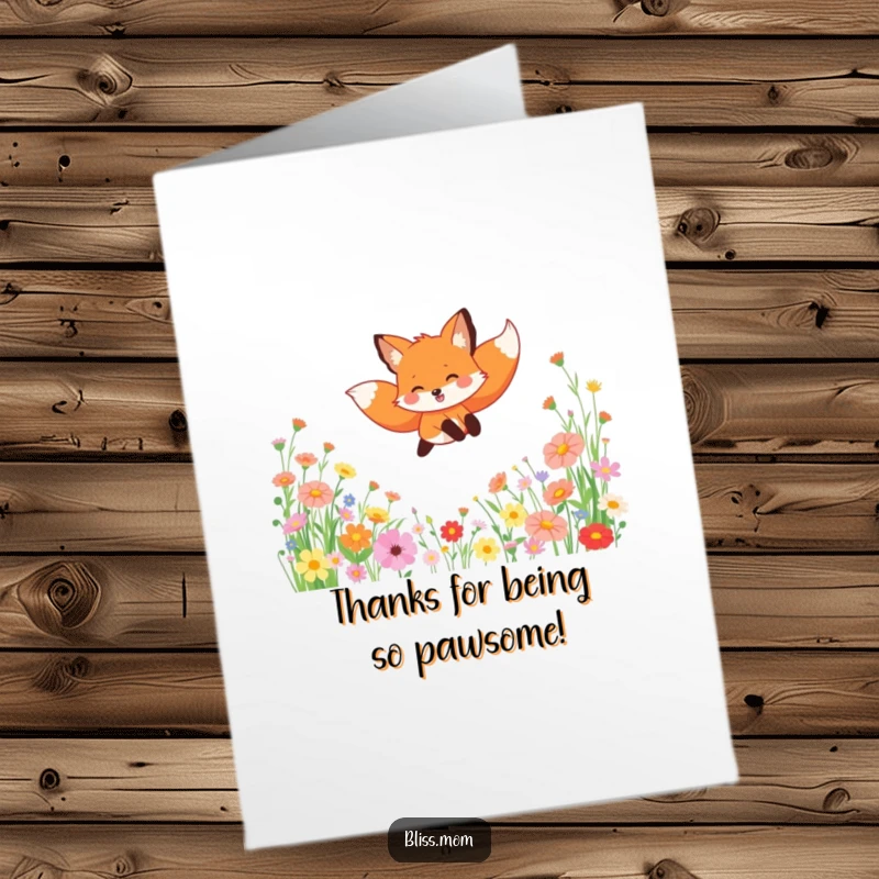 Funny Free Printable Thank You Card: A gleeful fox leaping through wildflowers, a joyful expression of sincere thanks.