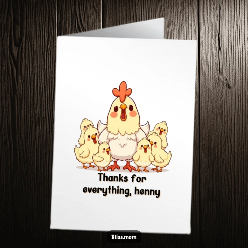 Funny Free Printable Thank You Card of a delighted hen mom surrounded by happy chicks, a heartwarming downloadable gift.
