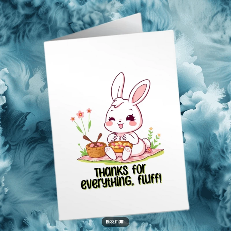 Funny free printable thank you card featuring a kawaii bunny mom with a radiant smile enjoying a picnic, saying thanks.