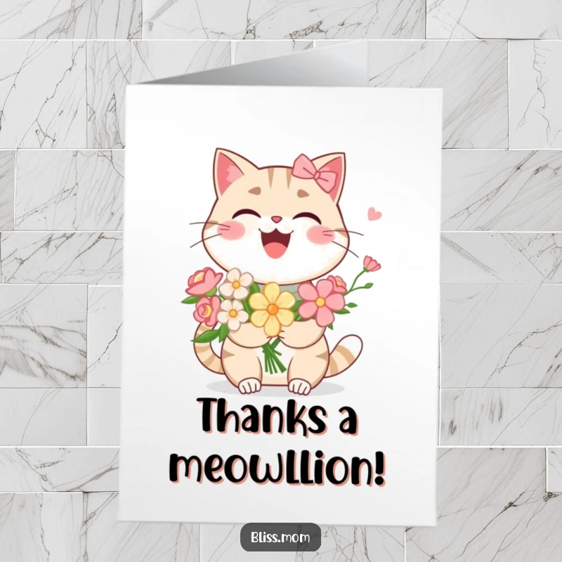 Funny free printable thank you card depicting a kawaii cat mom laughing heartily holding a bouquet, ideal for expressing thanks.