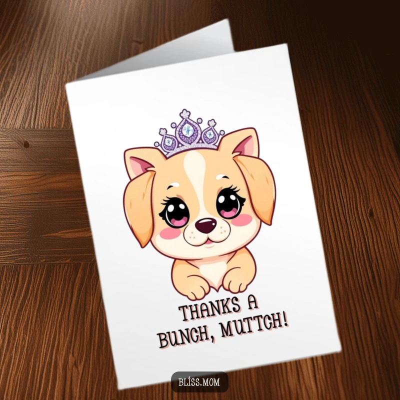 Funny free printable thank you card featuring a kawaii dog mom with sparkling eyes and a tiara, expressing thanks.