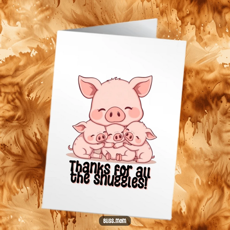 Funny Free Printable Thank You Card with a contented mama pig and her piglets snuggling, offering thanks.