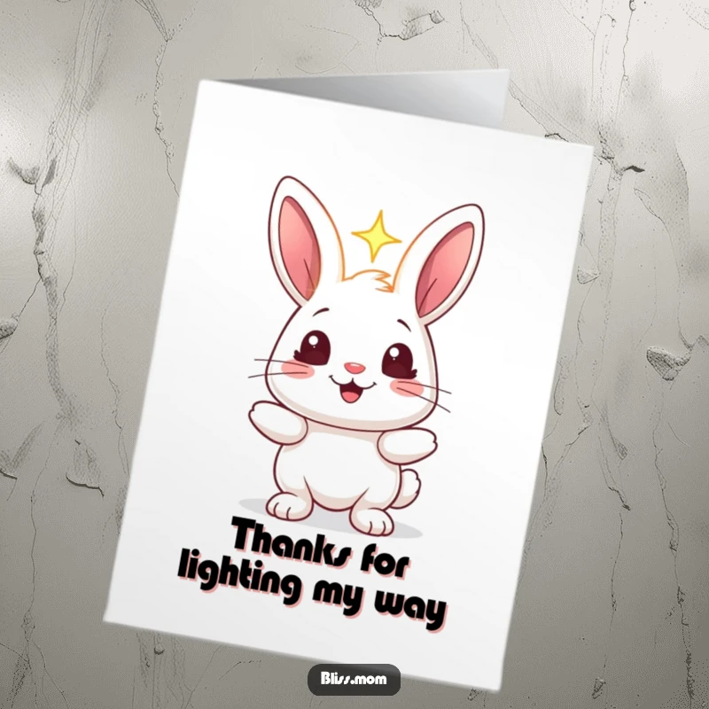 Funny Free Printable Thank You Card: Happy rabbit holding a warm, soft light, sparkling with thanks.