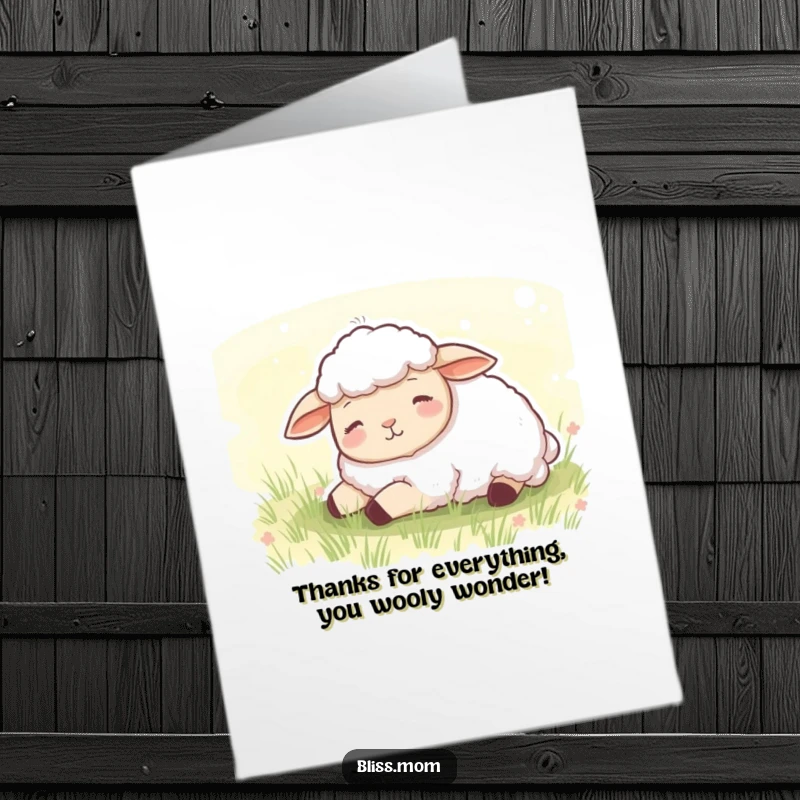 Funny Free Printable Thank You Card: A content sheep peacefully slumbering in a soft green meadow, conveying quiet gratitude.