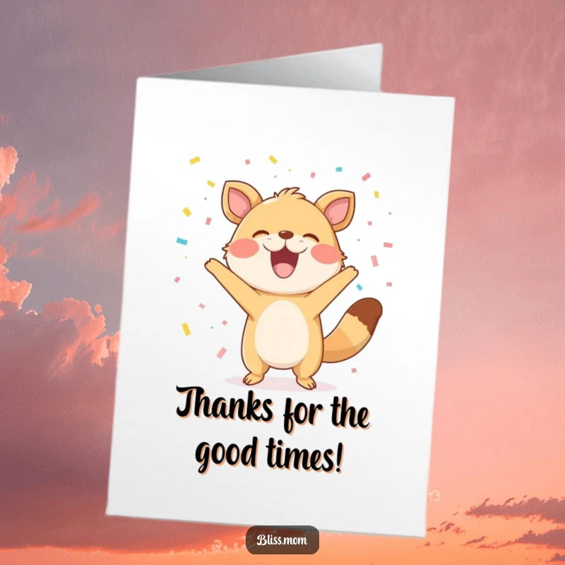 Funny Free Printable Thank You Card: Animal tossing confetti with a wide, happy grin of appreciation.