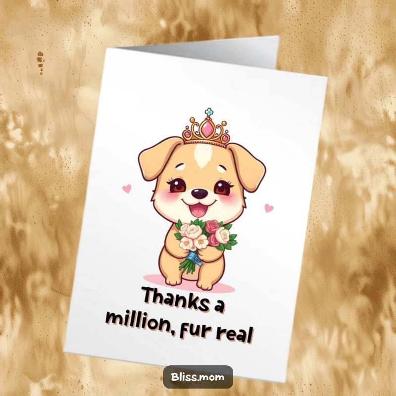 Funny Free Printable Thank You Card: Dog mom in a sparkly tiara and bouquet expresses thanks with flair.