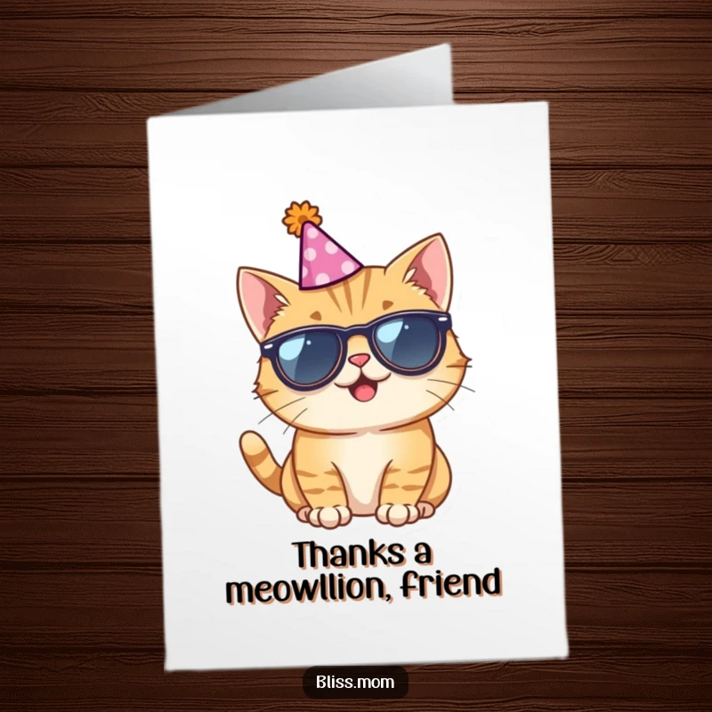 Funny free printable thank you card featuring a giggling cat in sunglasses and a party hat, expressing thanks with humor.