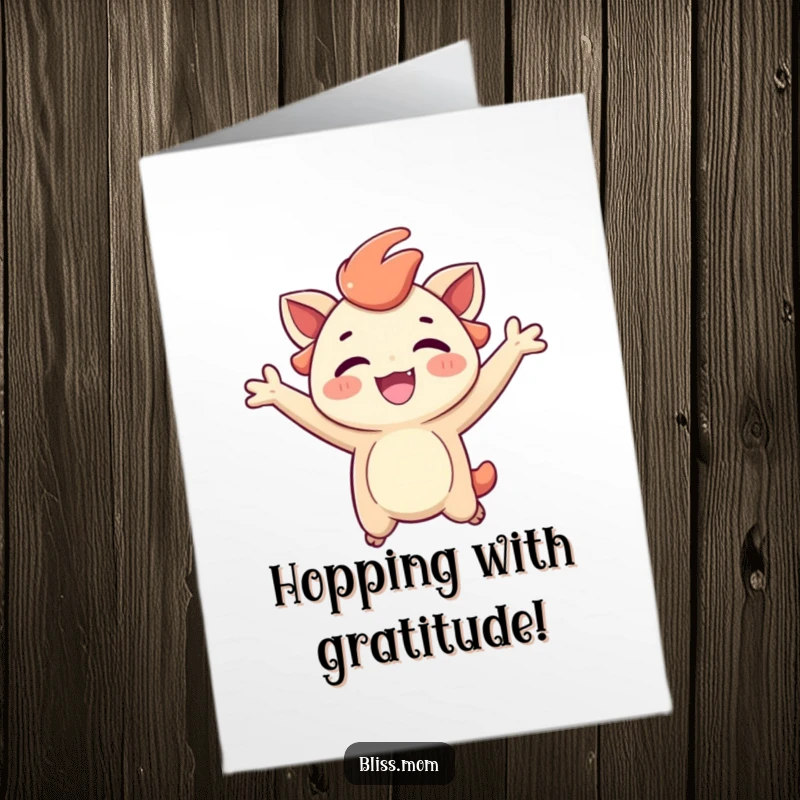Funny Free Printable Thank You Card: A creature performs a joyful jump, expressing ecstatic gratitude with a carefree look.