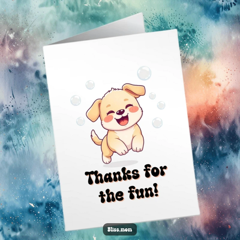 Funny Free Printable Thank You Card: A kawaii puppy joyfully chases bubbles, sharing thanks with playful energy.