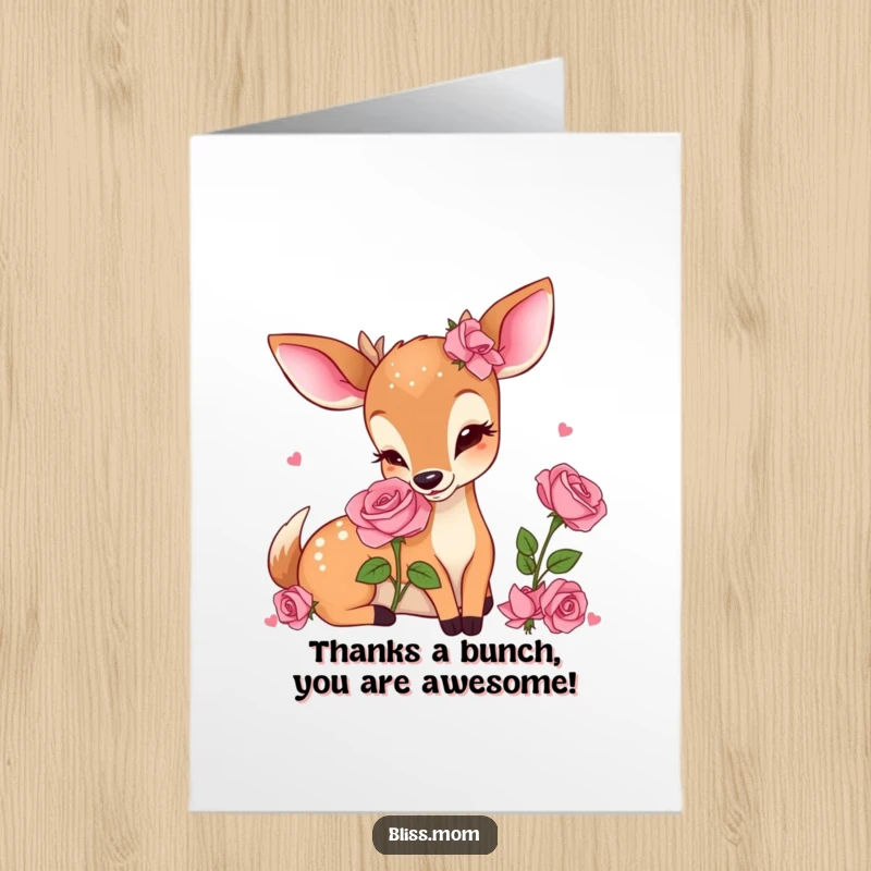 Funny Free Printable Thank You Card: Joyful kawaii deer mom savoring the delightful fragrance of a rose.