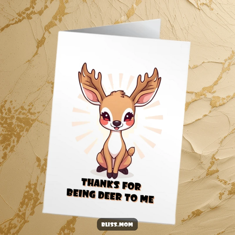 Funny Free Printable Thank You Card featuring a radiant deer mom in a graceful, happy pose, a unique downloadable gift.