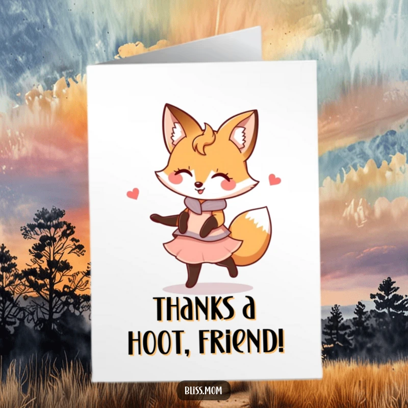 Funny free printable thank you card featuring a kawaii fox mom twirling gracefully with a happy expression, saying thanks.