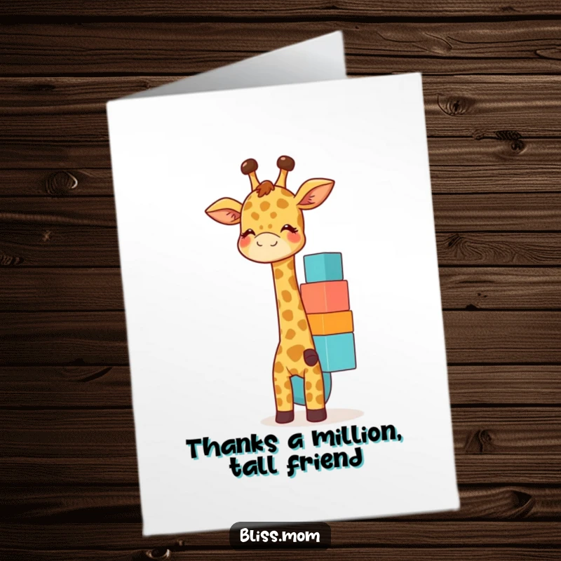 Funny Free Printable Thank You Card of a giggling giraffe mom balancing colorful blocks, a sweet downloadable gift.