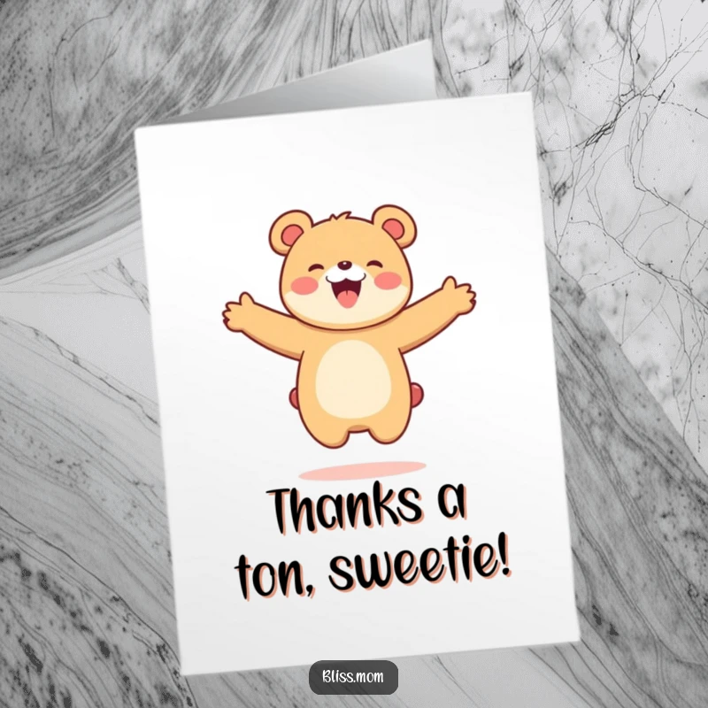 Funny free printable thank you card featuring a kawaii bear mom jumping joyfully with arms outstretched, expressing gratitude.
