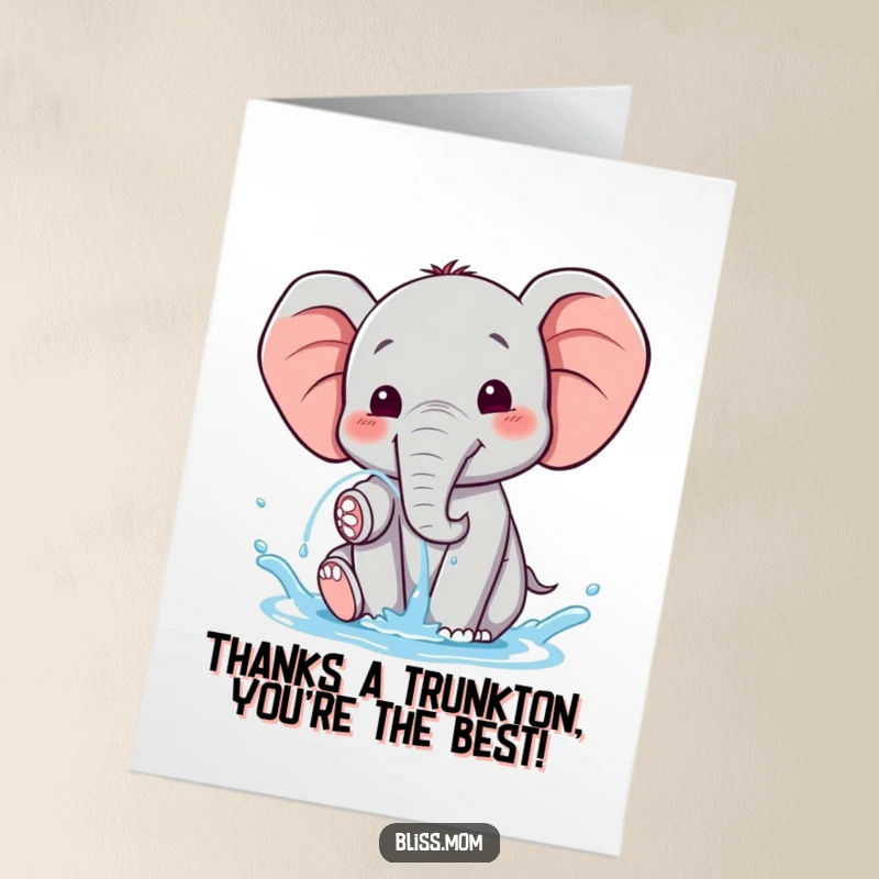 Funny Free Printable Thank You Card: Happy kawaii elephant spraying water, a delightful and downloadable way to say thanks.