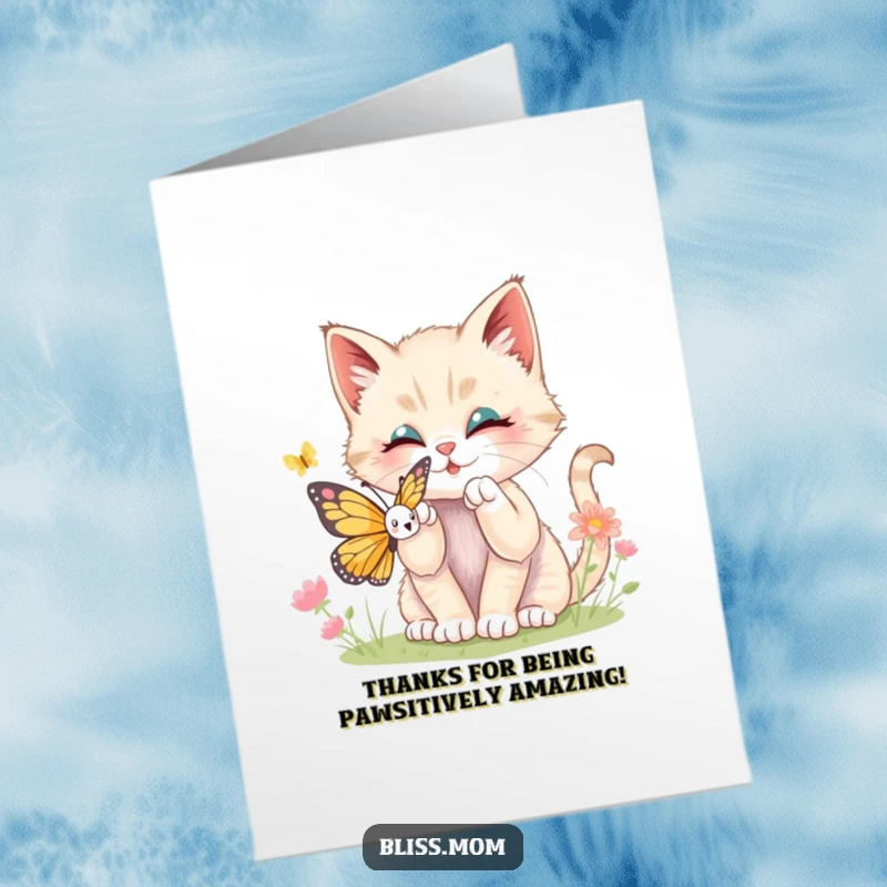 Funny Free Printable Thank You Card: Kawaii kitten batting a butterfly, a sweet and humorous downloadable art piece.