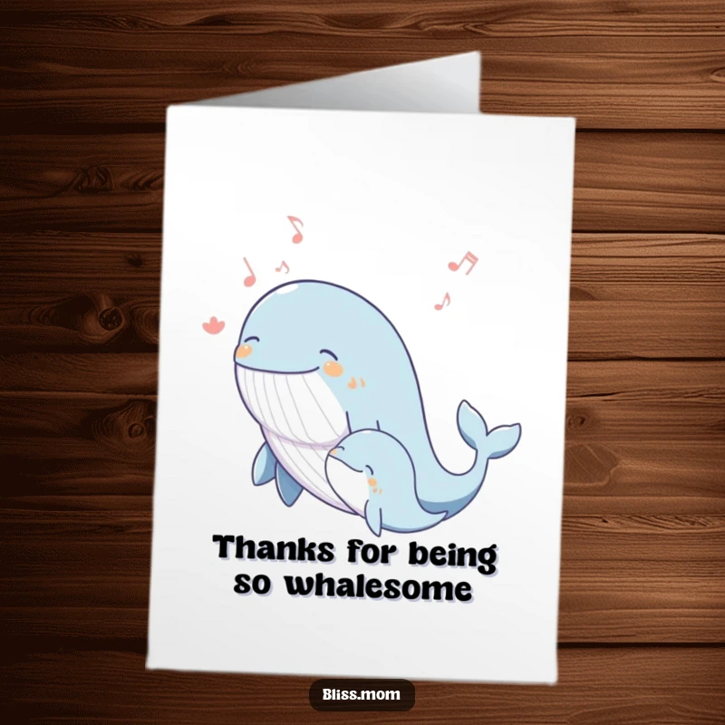 Funny Free Printable Thank You Card of a blissful whale mom singing a joyous melody with her calf, a touching downloadable gift.