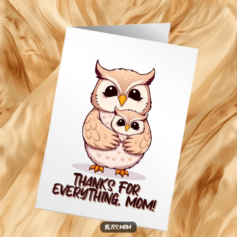 Funny Free Printable Thank You Card: A cheerful owl mom enjoys a warm embrace from her owlet.