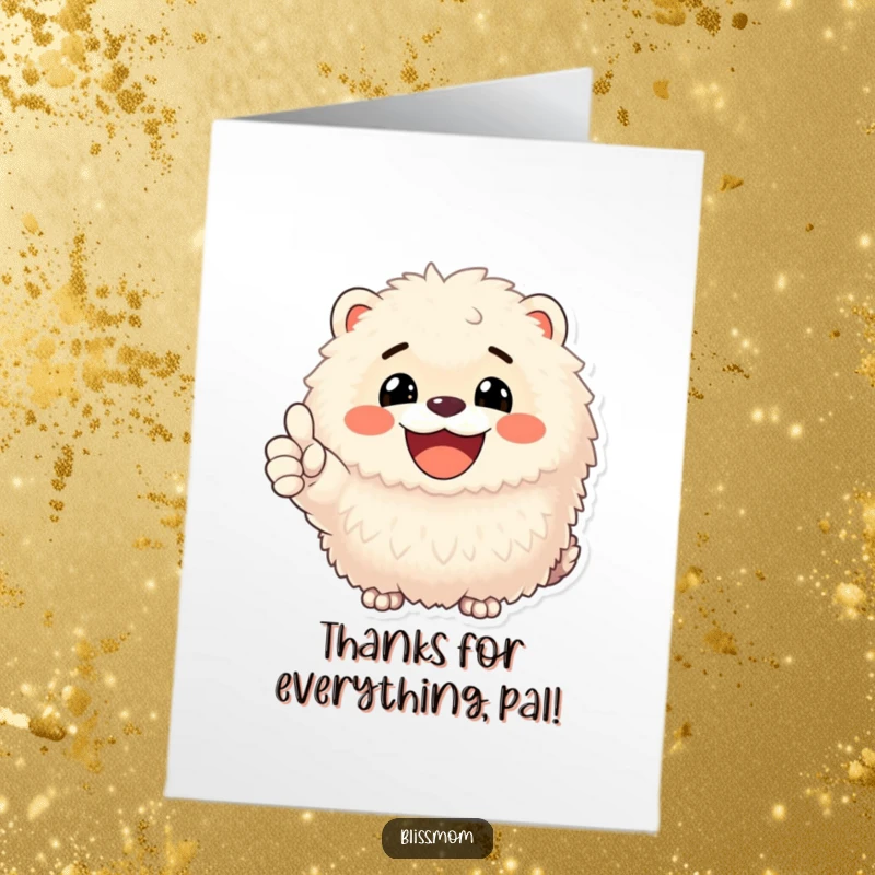 Funny Free Printable Thank You Card: A fluffy animal shares a bright, infectious smile and a thumbs up to express thanks.
