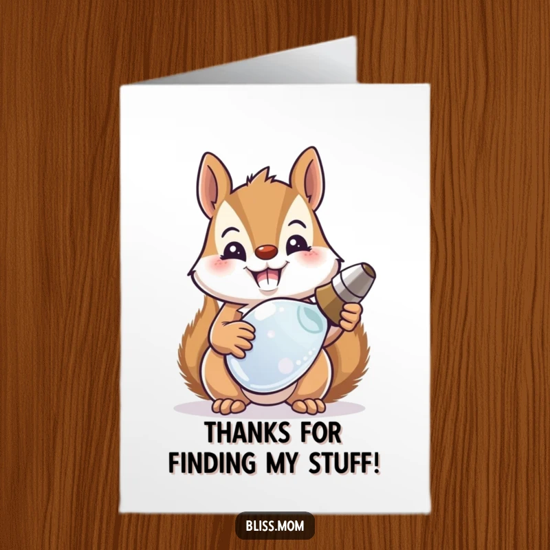 Funny free printable thank you card with a cheerful squirrel mom displaying her shiny find, a perfect downloadable gesture.
