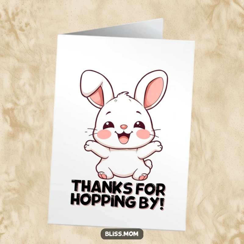 Funny Free Printable Thank You Card: Joyful kawaii bunny with floppy ears bouncing excitedly to express thanks.