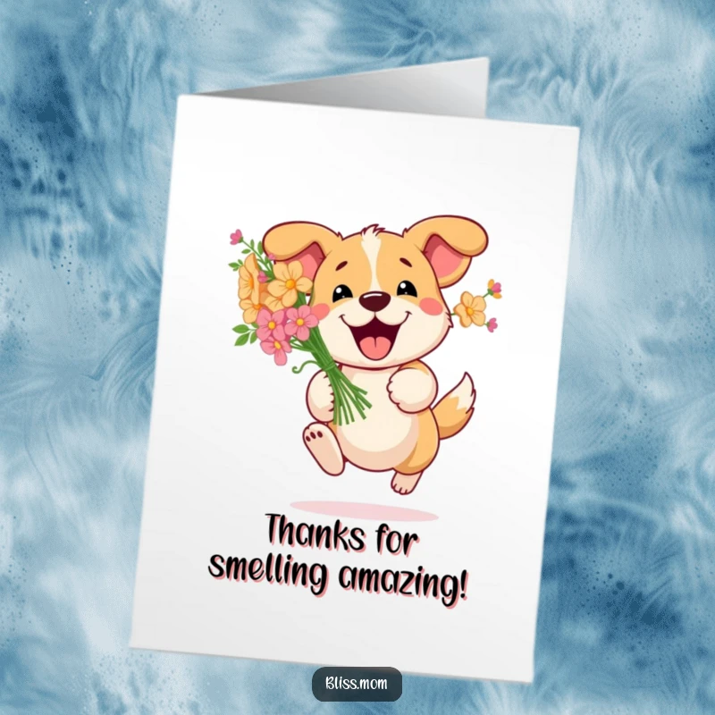 Funny Free Printable Thank You Card: Happy dog bounding with a beautiful bouquet of flowers to say thank you.