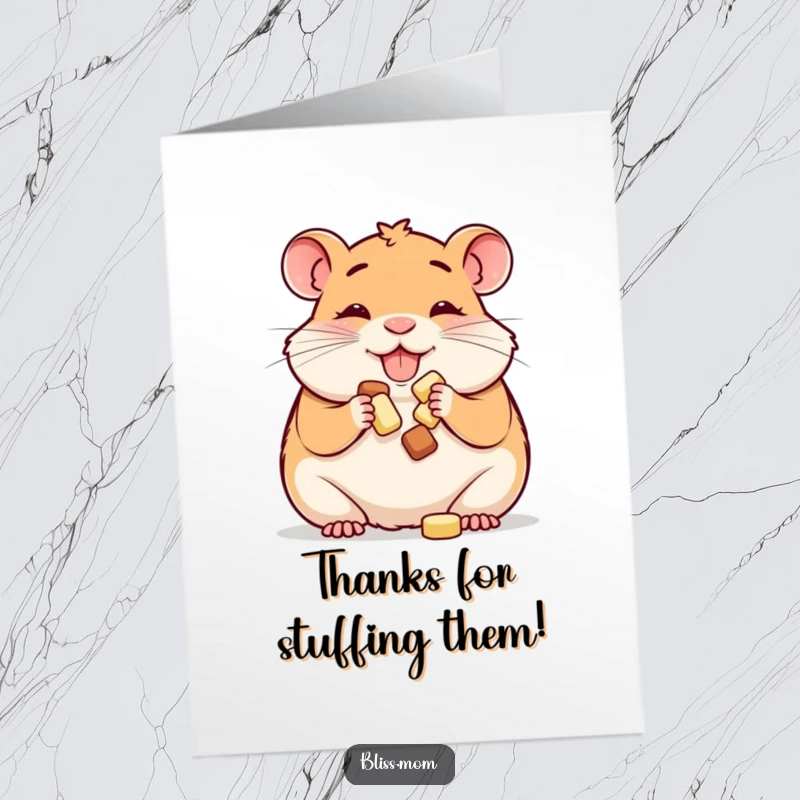 Funny Free Printable Thank You Card: Happy hamster mom stuffing cheeks with treats, perfect DIY gift.