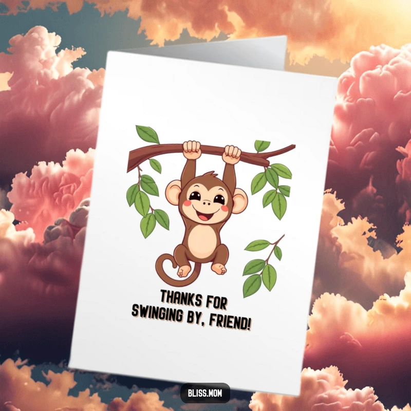 Funny Free Printable Thank You Card: Smiling kawaii monkey hanging upside down, a charming downloadable artwork.