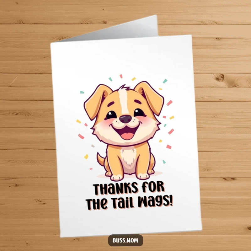 Funny free printable thank you card of a happy dog with a beaming smile, surrounded by confetti, sending thanks.
