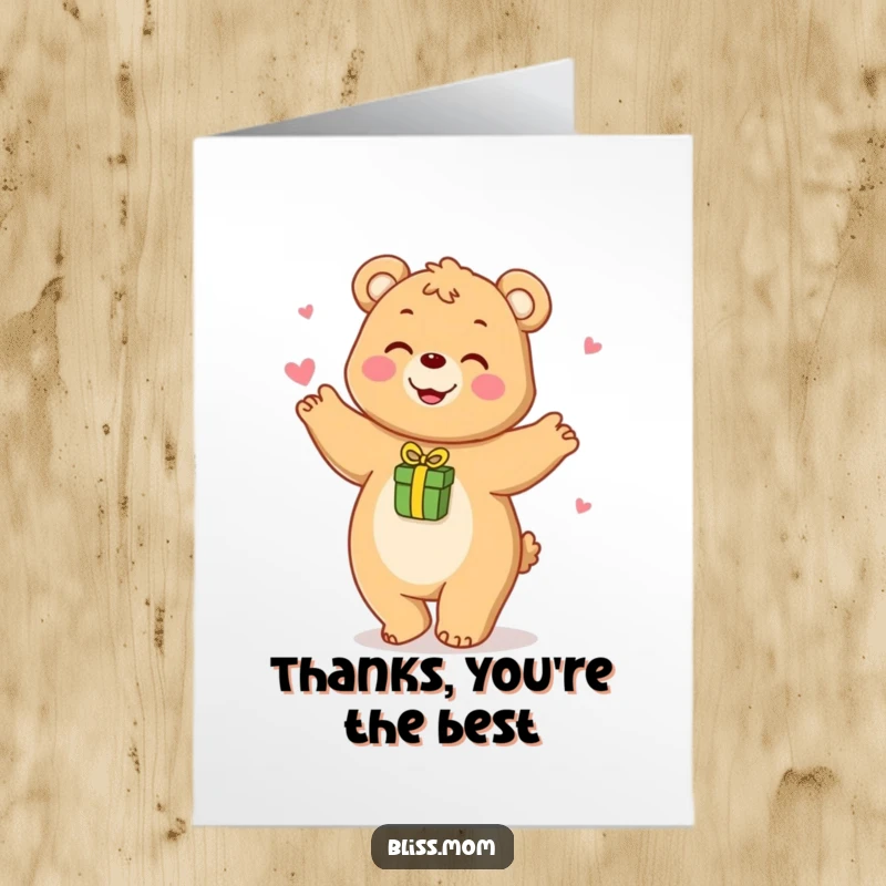 Funny Free Printable Thank You Card: Happy bear mom playfully dancing with a gift, expressing thanks with humor.