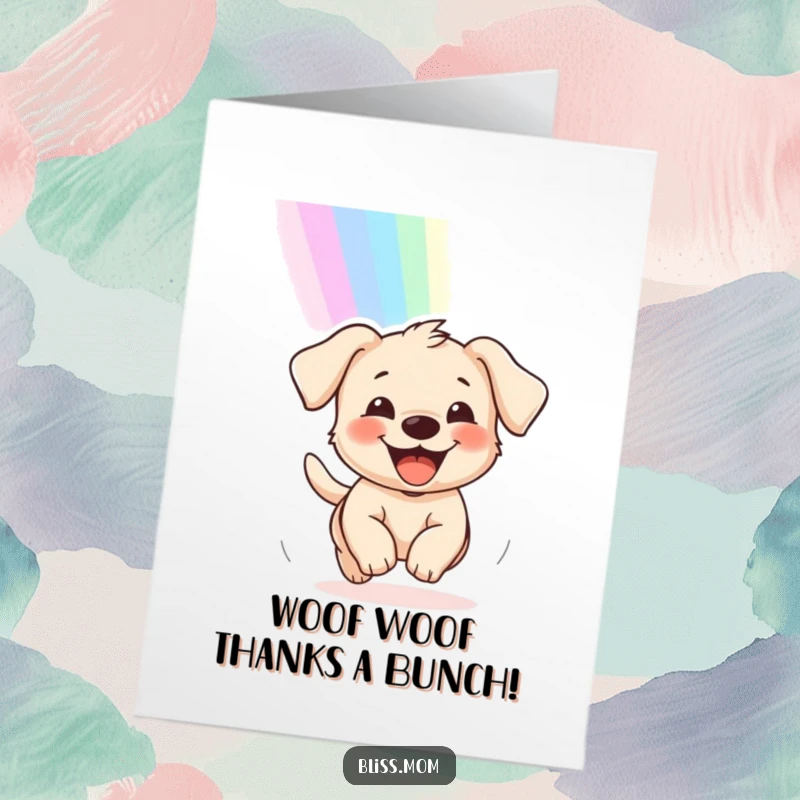 Sweet free printable thank you card of a delighted puppy with a wide grin, chasing a beautiful rainbow, symbolizing happy thanks.