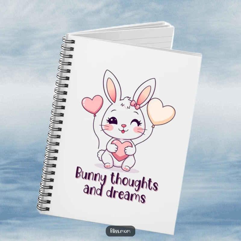 Funny notebook with a cheerful bunny mom with rosy cheeks holding a heart balloon, ideal for bunny mom notes.